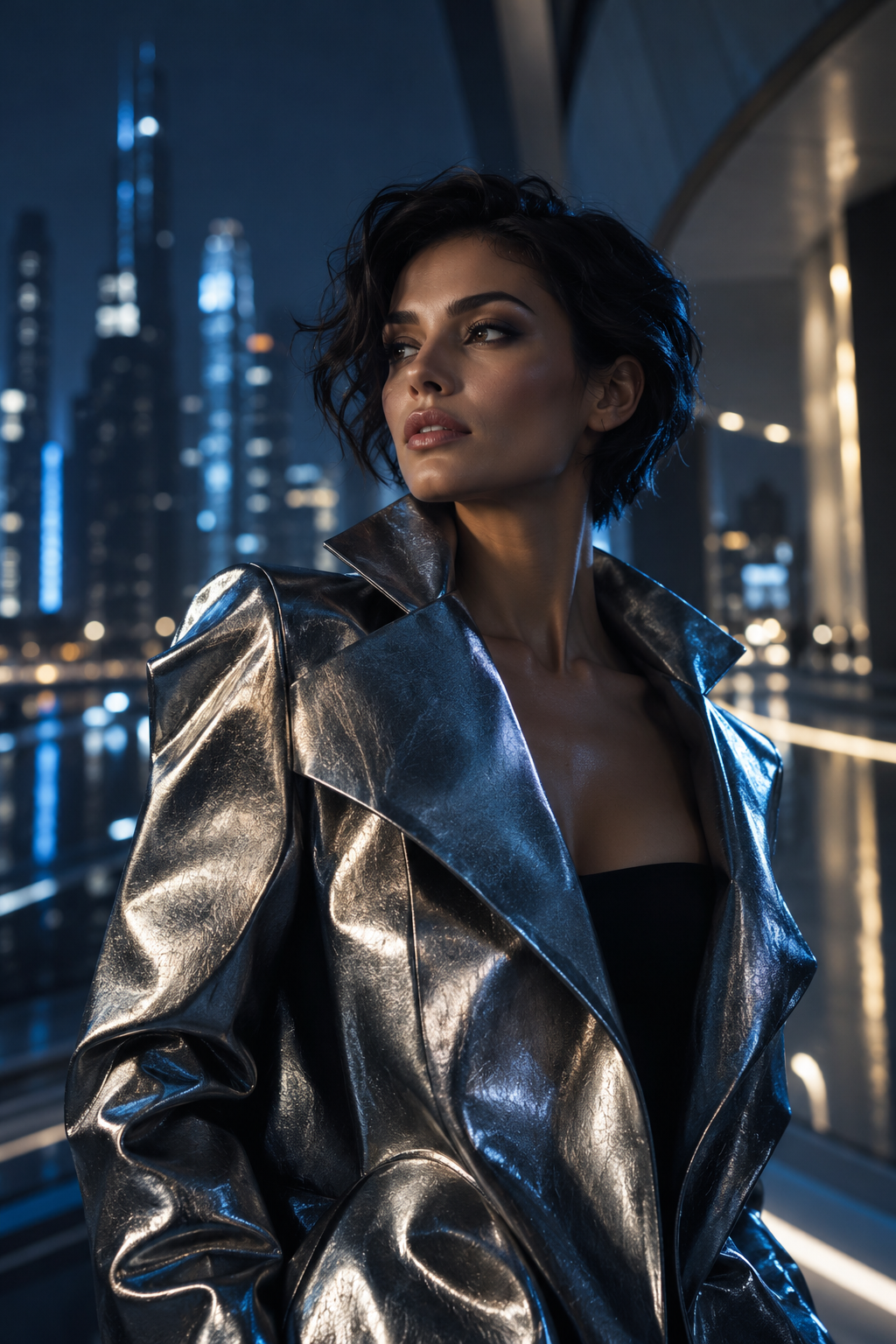 Concept IA : portrait éditorial d’une femme adulte en veste argentée dans une ville de nuit.